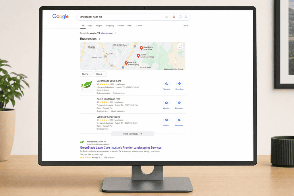 Landscaping company ranked number one in Google local search results