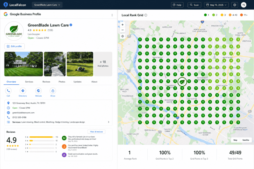 Google Business Profile panel beside a local rank geo-grid map full of number one rankings