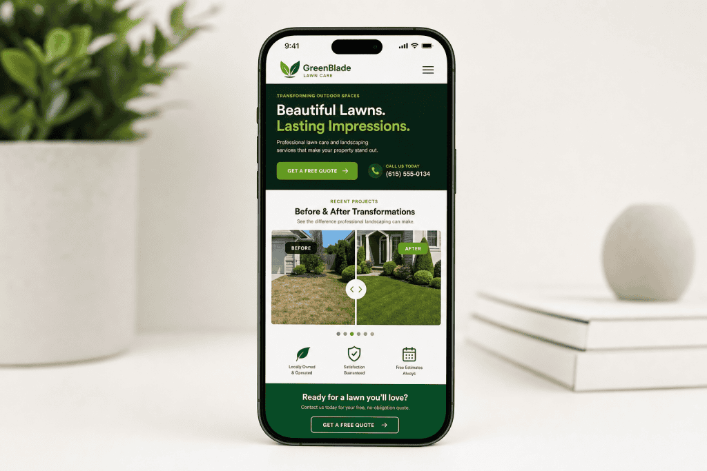 Landscaping website on a phone showing a before and after project gallery