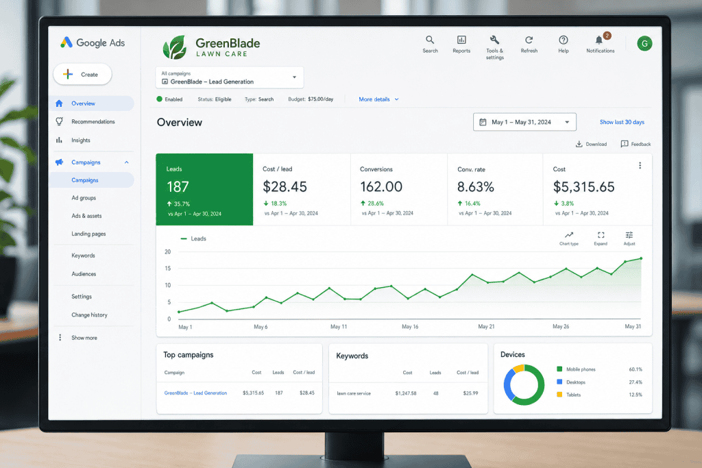 Google Ads dashboard showing leads and cost per lead for a landscaping campaign
