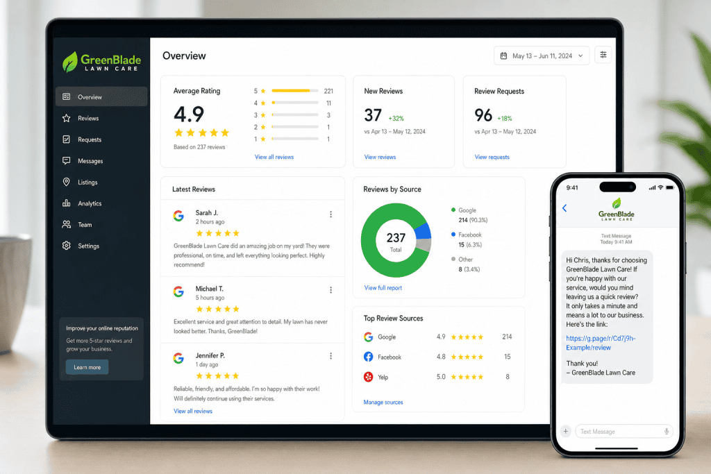 Reputation dashboard showing five star reviews and an automated review request text